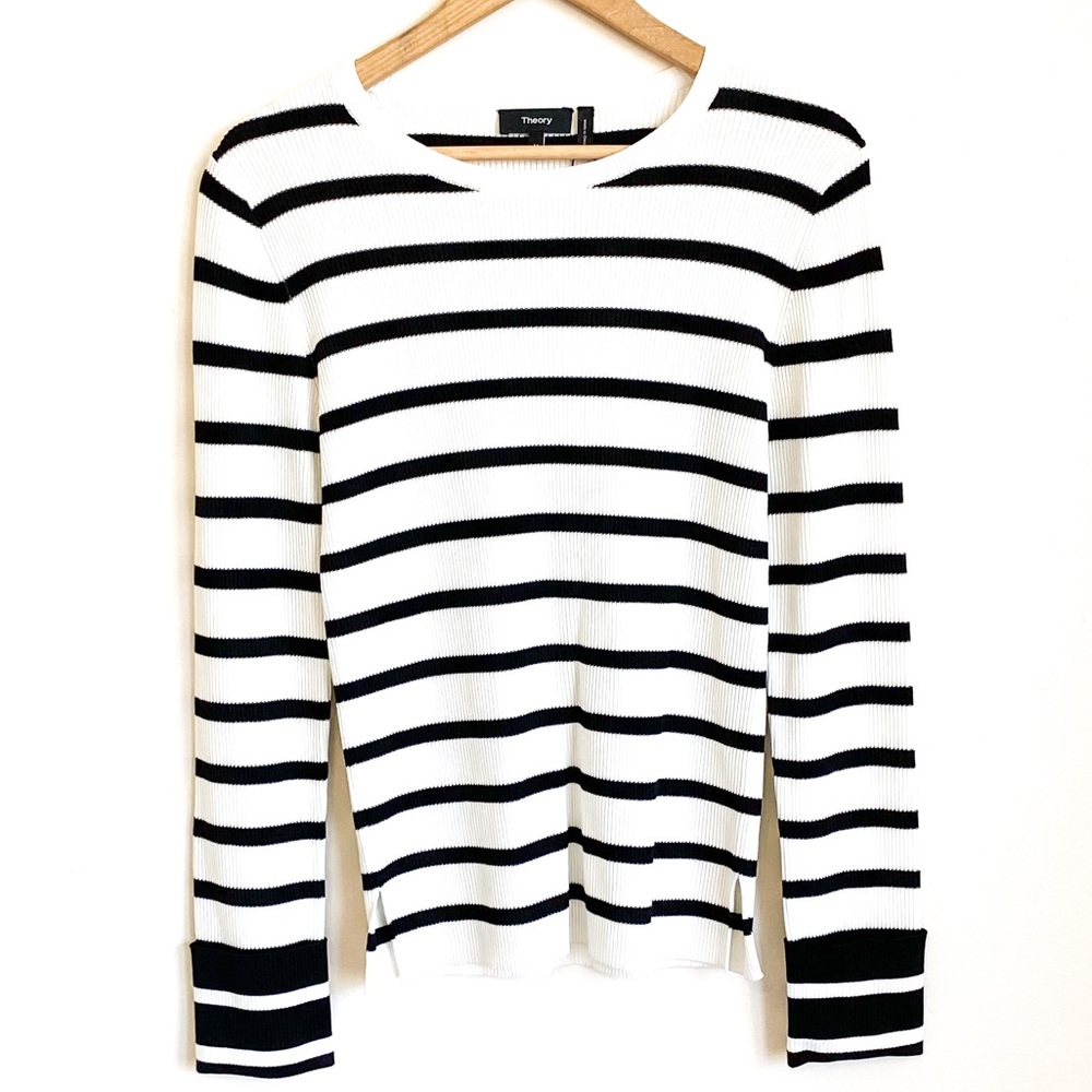 Theory Prosecco Striped Long Sleeve Crewneck Ribbed Cuff Sleeve Sweater NWT Sz M